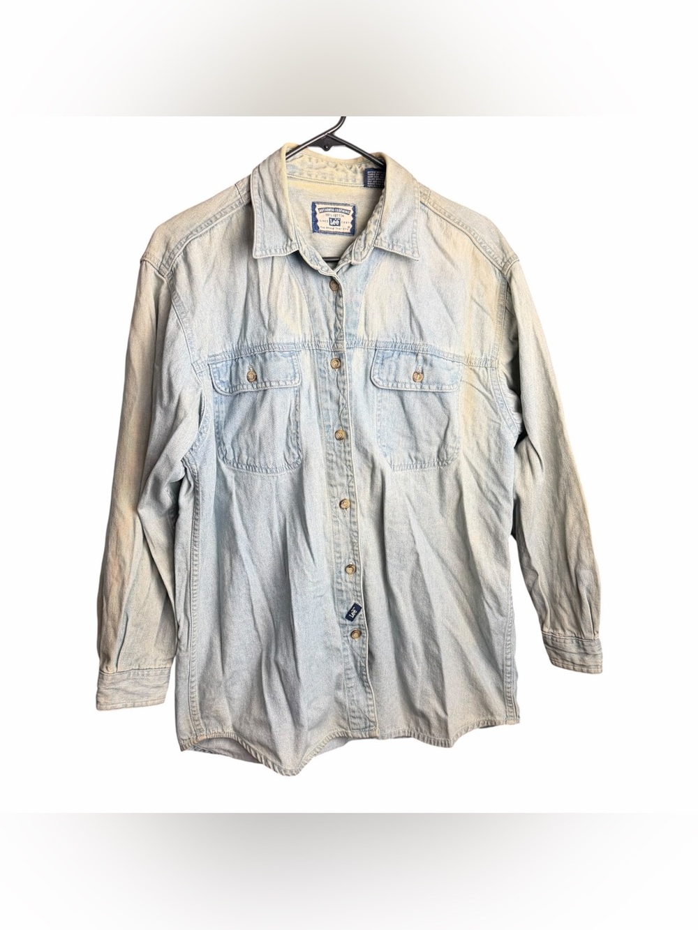 Women Vintage Lee Light Wash Denim Button-Down Long Sleeve Shirt Medium Cotton